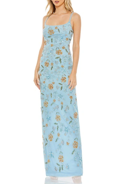 Mac Duggal Floral Beaded Square Neck Column Gown In Powder Blue