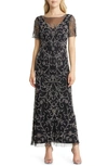 Pisarro Nights Floral Beaded Short Sleeve A-line Gown In Black/ Silver