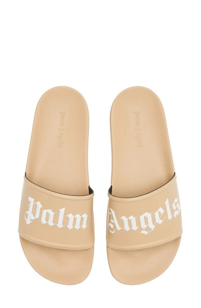 Palm Angels Pool Logo Rubber Slide Sandals In Beige