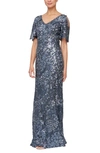 Alex Evenings Sequin Lace Cold Shoulder Trumpet Gown In Charcoal