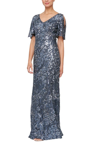 Alex Evenings Sequin Lace Cold Shoulder Trumpet Gown In Charcoal