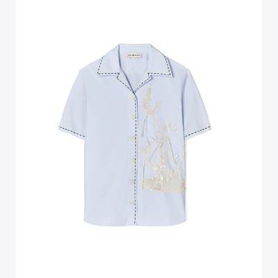 Tory Burch Embroidered Camp Shirt In Crisp Blue