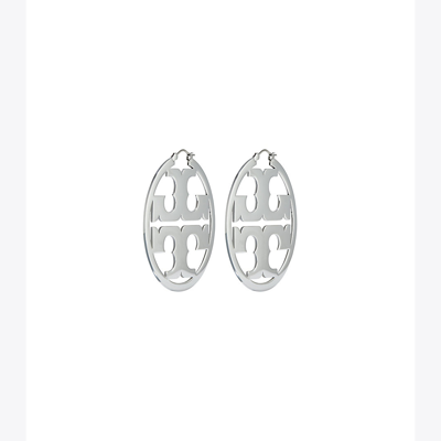 Tory Burch Miller Logo Hoop Earrings In Tory Silver