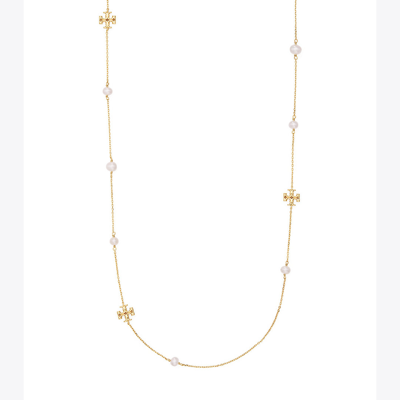 Tory Burch Kira Pearl Delicate Long Necklace In Tory Gold / Pearl