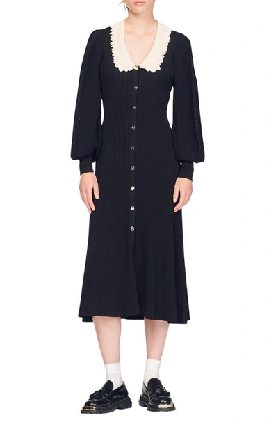 Sandro Dorothy Balloon-sleeve Knit Midi-dress In Black
