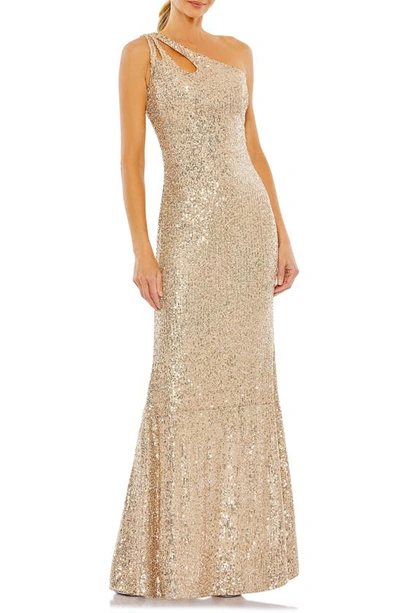 Mac Duggal One-shoulder Sequin Gown In Gold