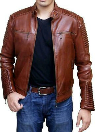 Pre-owned Fashion Men's Cafe Racer  Stylish Brown Biker Real Leather Jacket