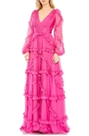 Mac Duggal Cascade Ruffle Long Sleeve A-line Gown In Fuchsia