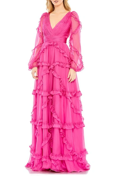 Mac Duggal Cascade Ruffle Long Sleeve A-line Gown In Fuchsia