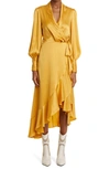 Zimmermann Long Sleeve Silk Wrap Dress In Gold