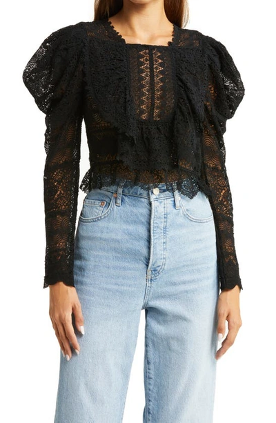 Ulla Johnson Eloise Sheer Lace Puffed Sleeve Blouse In Noir