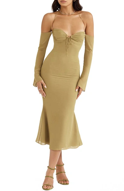 House Of Cb Naomi Cold Shoulder Long Sleeve Halter Midi Dress In Olive