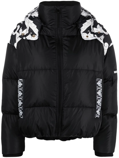 Versace Silver Baroque Print Down Puffer Jacket In Black