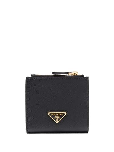 Prada Logo Plaque Compact Wallet In Black