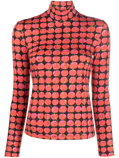 La Doublej Cherry-print Turtle Neck Top In Black Cherries