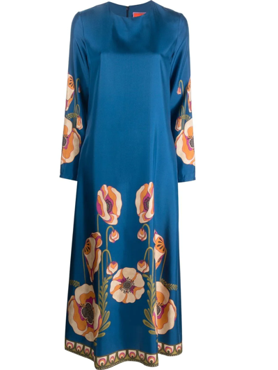 La Doublej Floral-print Long-sleeved Dress In Blue