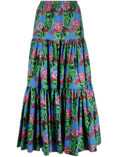 La Doublej Floral-print Tiered Maxi Dress In Green