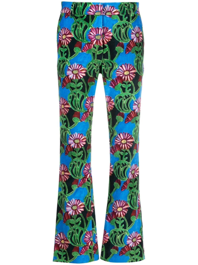 La Doublej Floral-print Flared Trousers In Green