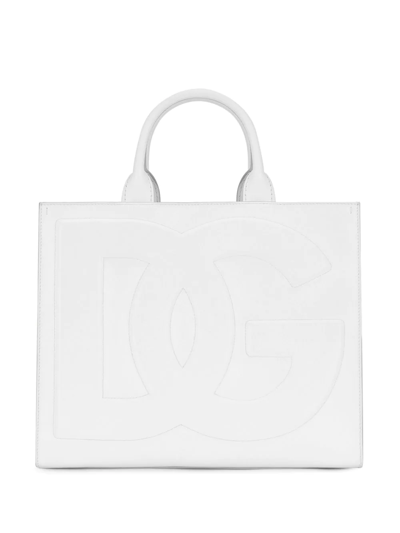 Dolce & Gabbana Beatrice Dg Embossed Logo Calfskin Tote Bag In White