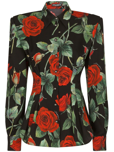 Dolce & Gabbana Shoulder-pad Rose-print Shirt In Multicolor