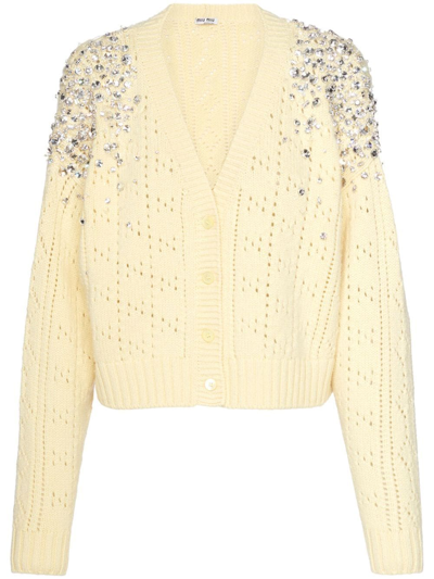 Miu Miu Embellished V-neck Cardigan In Nude