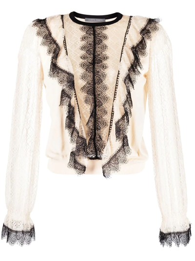 Alberta Ferretti Lace-detail Long-sleeve Blouse In Nude
