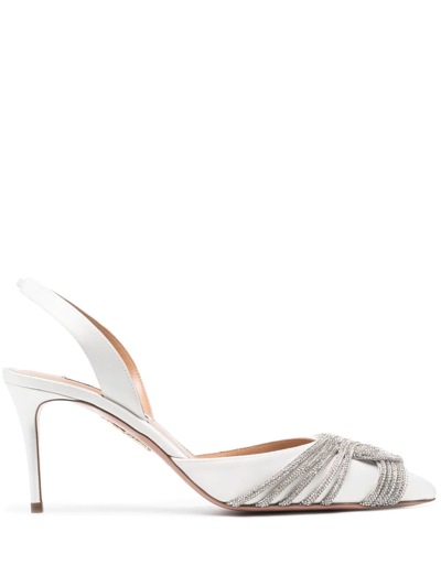 Aquazzura Gatsby 75 Crystal-embellished Satin Slingback Pumps In White