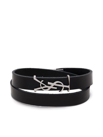 Saint Laurent Leather Bracelet With Ysl Monogram In Schwarz