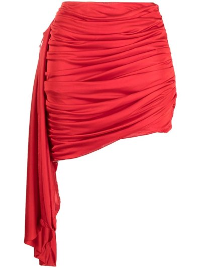 Andreädamo High Waist Asymmetric Draped Midi Skirt In Red