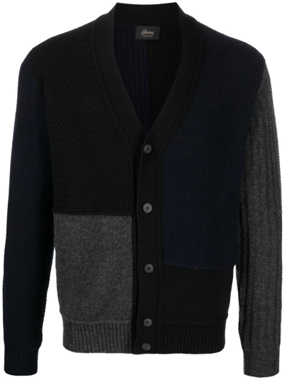 Brioni Men's Patchwork Wool Cardigan Sweater In Blue,grey