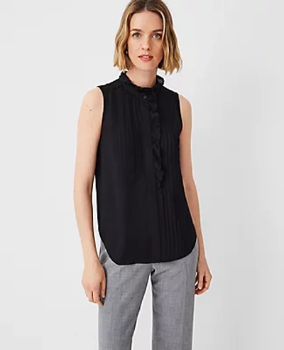 Ann Taylor Petite Ruffle Pintucked Popover Shell Top In Black