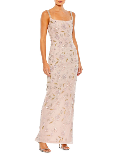 Mac Duggal Floral Beaded Square Neck Column Gown In Rose
