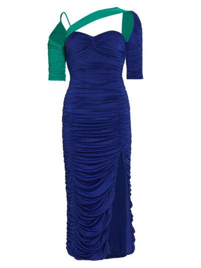 H A R B I S O N Comet Ruched Two-tone Dress In Lapis Emerald