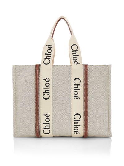 Chloé Women's Large Woody Canvas Tote In White Brown