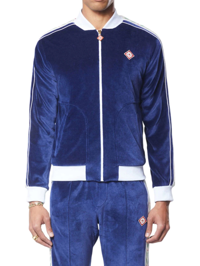 Casablanca Laurel Slim-fit Webbing-trimmed Velour Track Jacket In Blue
