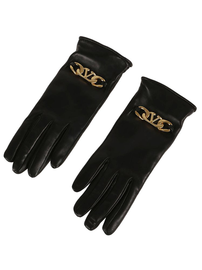 Valentino Garavani Black Leather Gloves With Logo