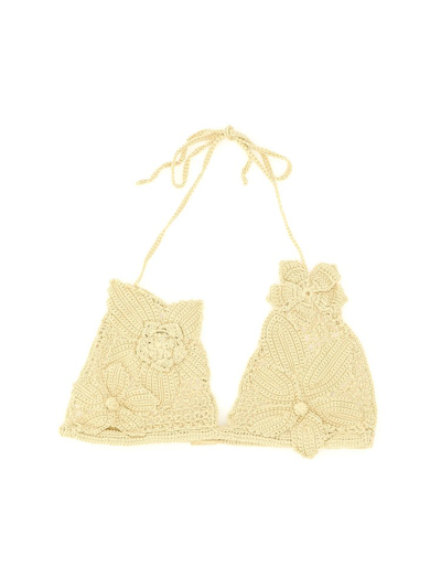 Cult Gaia Eshe Crocheted Cotton Triangle Bikini Top In Beige