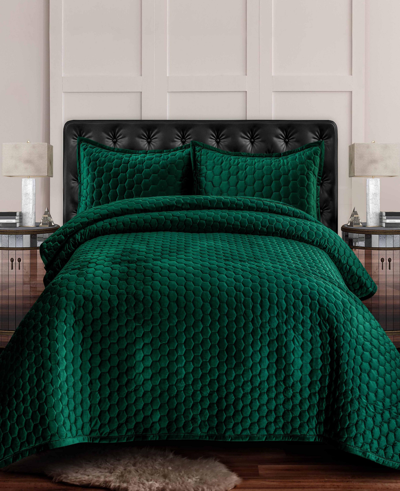 Tribeca Living Lugano Honeycomb Velvet Oversized Solid 3 Piece Quilt Set, Queen In Dark Teal