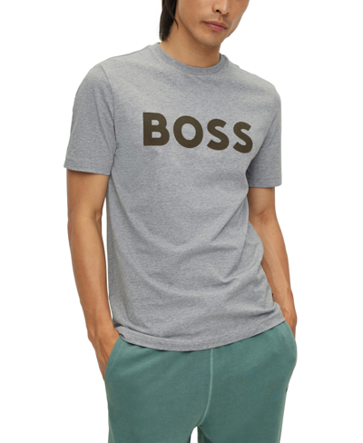 Hugo Boss Flock-print Logo T-shirt In Cotton Jersey In Silver