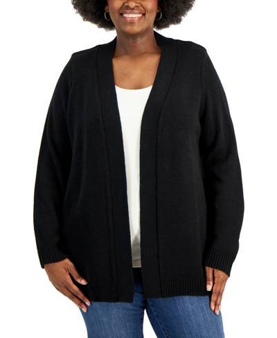 Karen Scott Plus Size Textured-lapel Cardigan Sweater, Created For Macy's In Deep Black