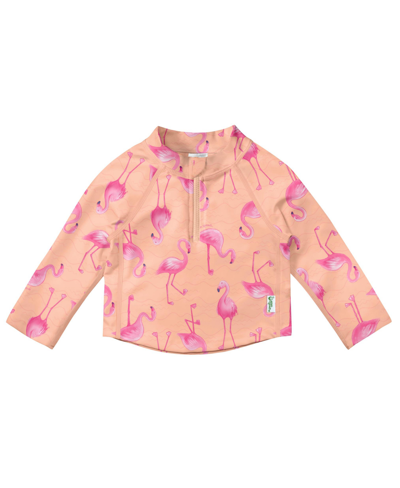 Green Sprouts Baby Girls Long Sleeve Zip Rash Guard Shirt In Coral Flamingos
