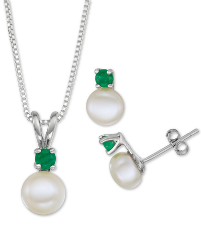Macy's Cultured Freshwater Pearl (6-7mm) & Blue Topaz (1/3 Ct. T.w.) 18" Pendant Necklace & Stud Earrings S In Emerald