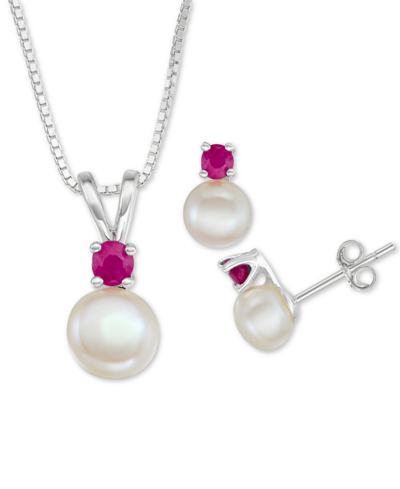 Macy's Cultured Freshwater Pearl (6mm-7mm) & Ruby (1/2 Ct. T.w.) 18" Pendant Necklace & Stud Earrings Set I