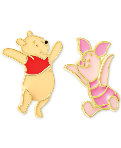 Disney Winnie The Pooh & Piglet Enamel Mismatch Stud Earrings In 18k Gold-plated Sterling Silver In Gold Over Silver