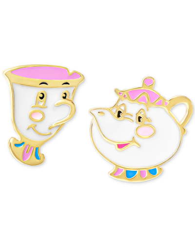 Disney Mrs. Potts & Chip Enamel Mismatch Stud Earrings In 18k Gold-plated Sterling Silver In Gold Over Silver