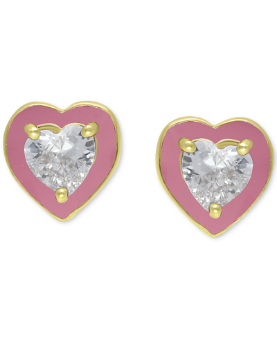 Giani Bernini Cubic Zirconia Pink Enamel Heart Stud Earrings, Created For Macy's In Gold Over Silver