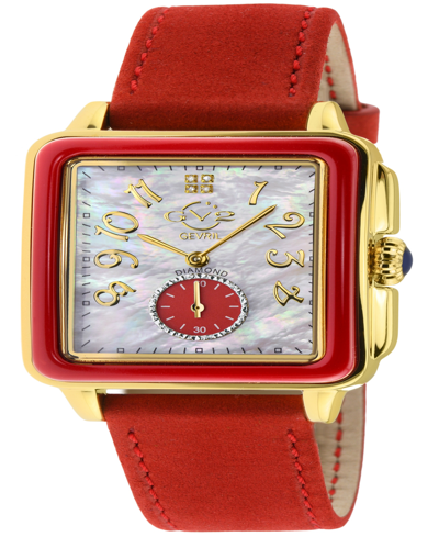 Gevril Women's Bari Enamel Swiss Quartz Italian Red Leather Strap Watch 34mm In Gold-tone