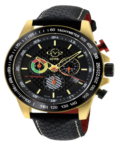 Gevril Men's Scuderia Swiss Quartz Italian Black Leather Strap Watch 45mm In Gold-tone