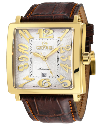 Gevril Men's Avenue Of Americas Swiss Automatic Italian Brown Leather Strap Watch 44mm In Gold-tone