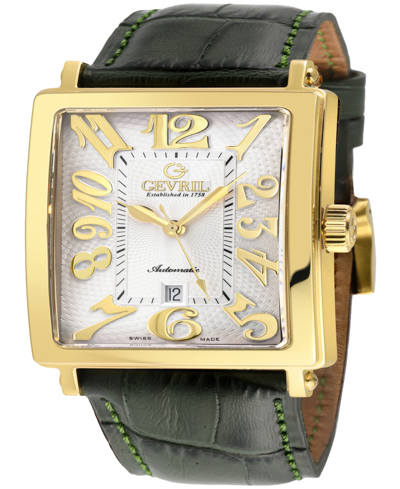 Gevril Men's Avenue Of Americas Swiss Automatic Italian Green Leather Strap Watch 44mm In Gold-tone